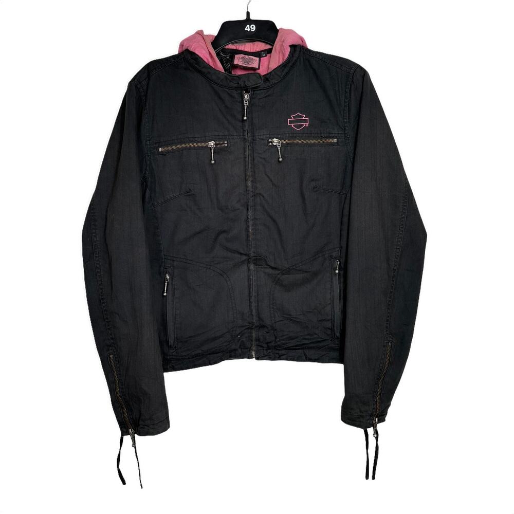 Harley-Davidson Black Pink Script Logo Hoodie Jacket Womens L - Picture 2 of 3